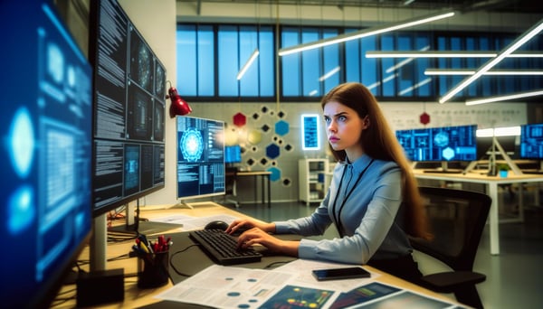 young white woman working with computer engineering in office